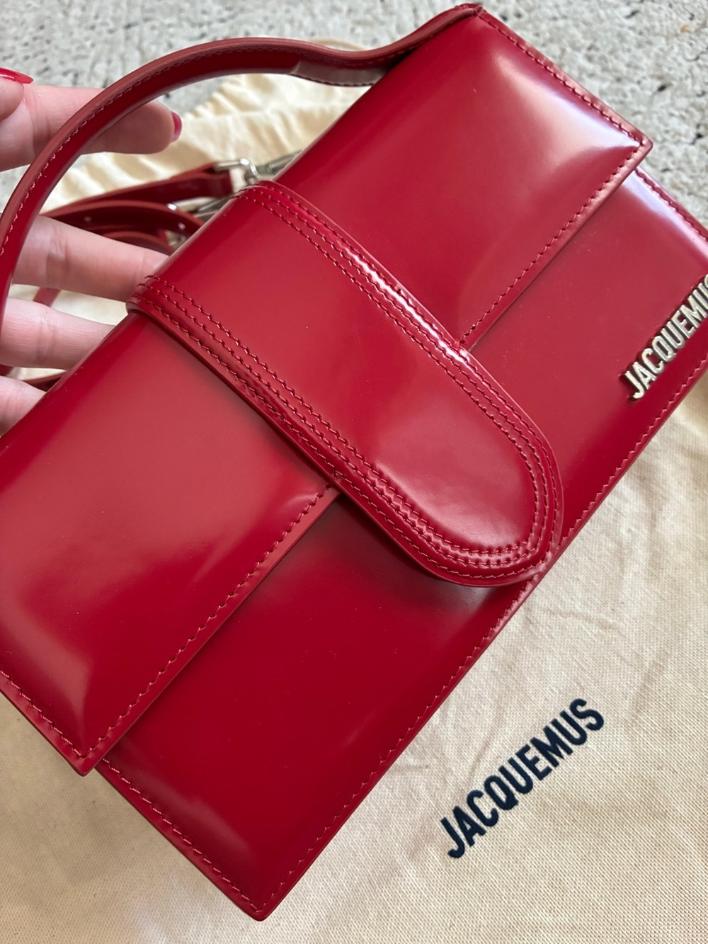 Jacquemus Red Patent Leather Shoulder Bag with Top Handle